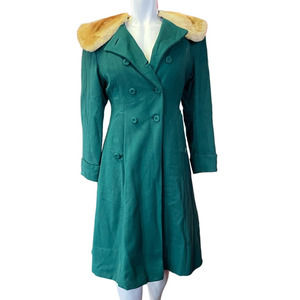 Vintage 1950s Emerald Green Wool Peacoat Gold Fur Collar Rockabilly Womens S